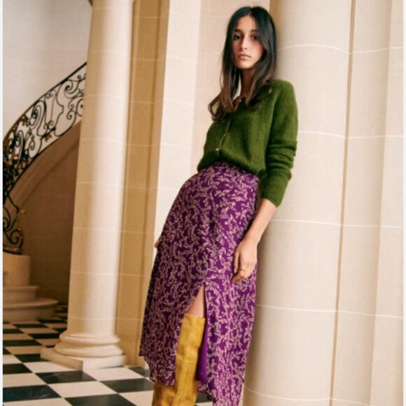 Sezane Tabata Skirt Imprimé Feuillages Fond Violet - Size 36 - Picture 1 of 9